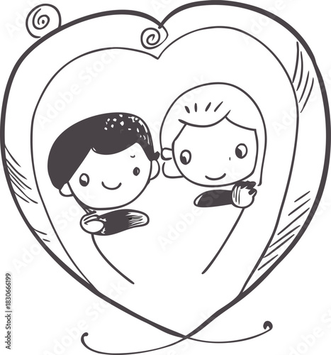 Romantic wedding invitation card with vector illustration of a cartoon couple in love