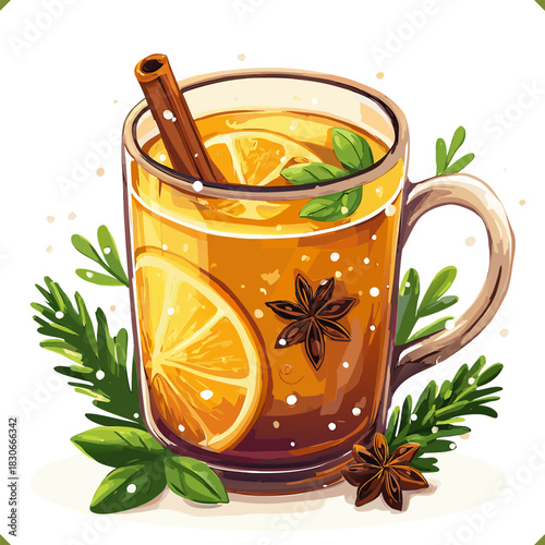 Vector illustration of a transparent glass of mulled orange drink with cinnamon stick, star anise, slice of citrus, isolated on a white background. Vector illustration of traditional winter beverage