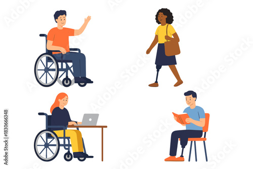 Diverse people with disabilities using wheelchairs and prosthetics performing daily activities
