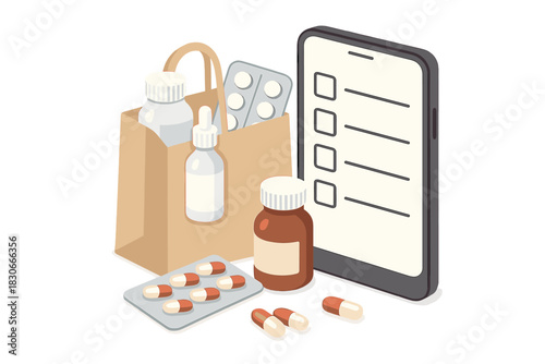 Online pharmacy order with medicine bottles, blister packs, capsules, and mobile phone checklist