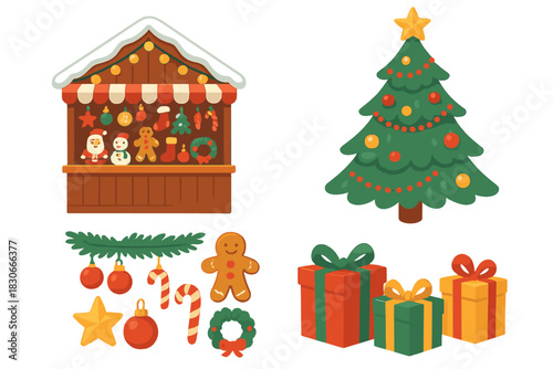 Christmas market booth with decorated fir tree, wrapped gifts, and seasonal holiday decorations