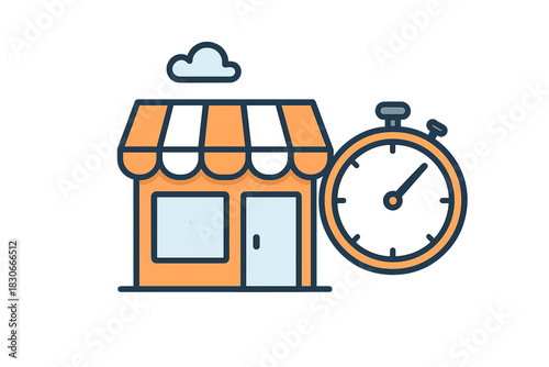 Storefront facade next to a large stopwatch symbolizing quick service and fast delivery time