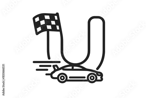 Outline drawing of a sports car speeding past a checkered flag at the race circuit finish line
