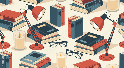 Cozy seamless pattern for book lovers featuring stacks of books reading glasses desk lamps and candles for a library feel.