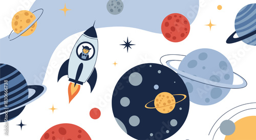 Playful outer space scene with a cute character in a rocket ship flying among colorful planets and stars for kids.