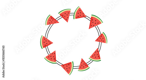 Creative circular frame made of fresh watermelon slices arranged in a ring perfect for summer party invitations or decor.