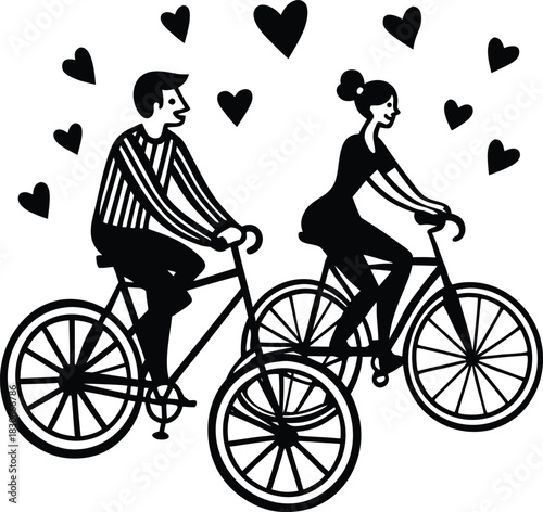 Couple cycling silhouette vector illustration sport fun activity