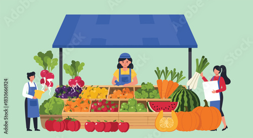 Vibrant illustration of a local farmers market stall filled with fresh organic fruits and vegetables with sellers and customers.