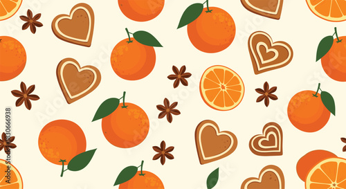 Festive seamless pattern with fresh oranges heart-shaped gingerbread cookies and star anise for a cozy holiday background.