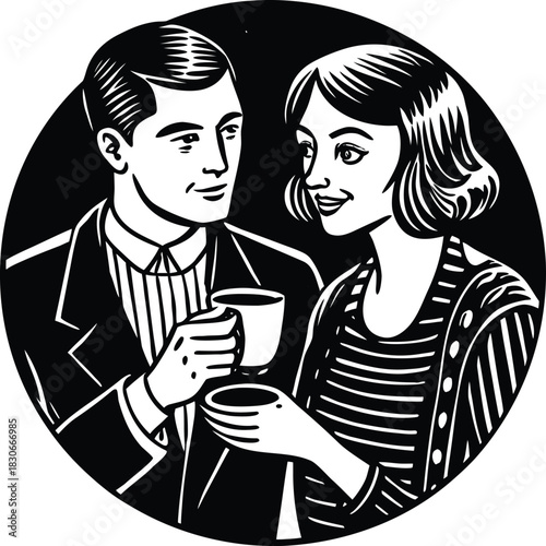 Young couple drinking wine, black silhouette vector illustration of two people enjoying a romantic champagne drink at a party