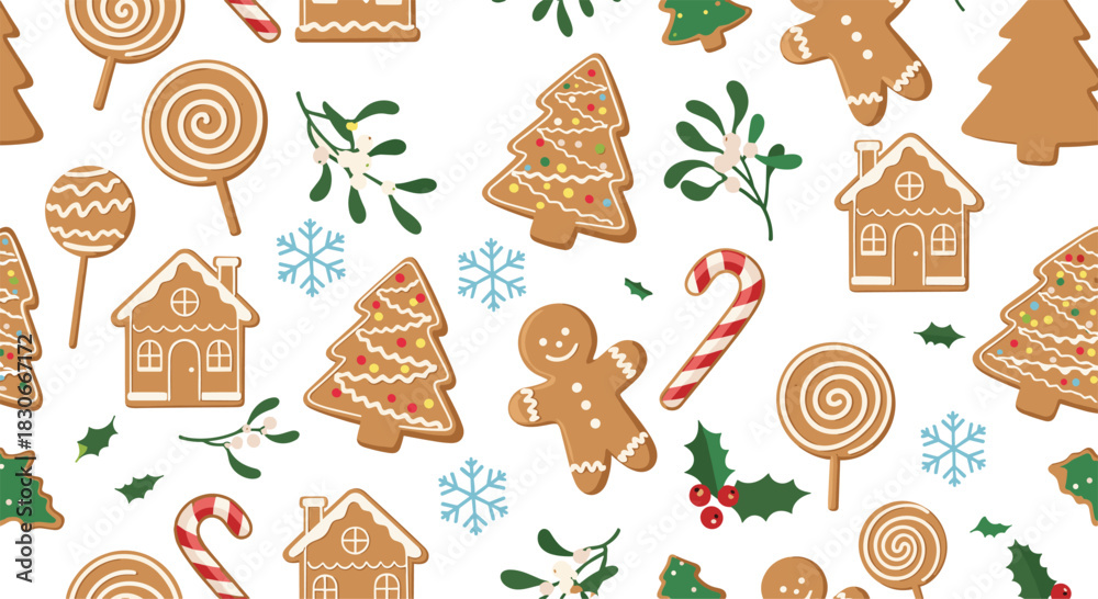 Naklejka premium Festive seamless Christmas pattern with gingerbread cookies candy canes holly and snowflakes on a clean white background.