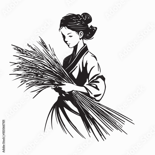 Asian Woman in Traditional Clothing Carrying Harvested Rice Vector Illustration