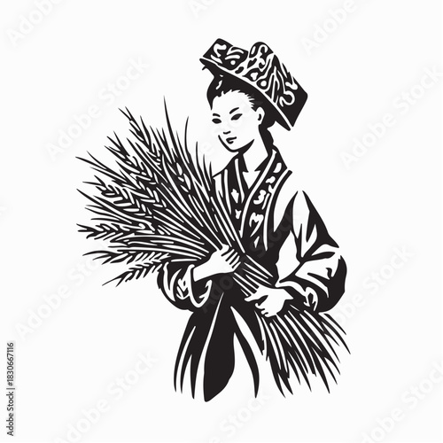 Asian Woman with Traditional Attire Carrying Rice Bundle Harvest Vector