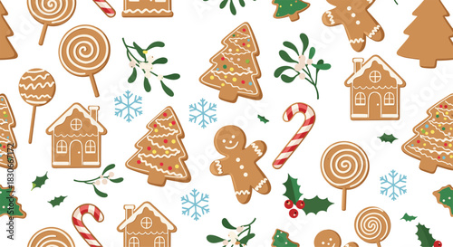 Festive seamless Christmas pattern with gingerbread cookies candy canes holly and snowflakes on a clean white background.