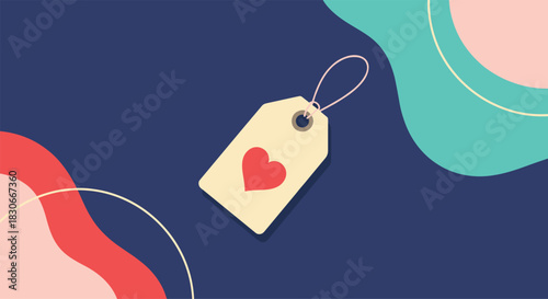 Single gift tag with a red heart icon on an abstract background with colorful flowing shapes for sales or special offers.