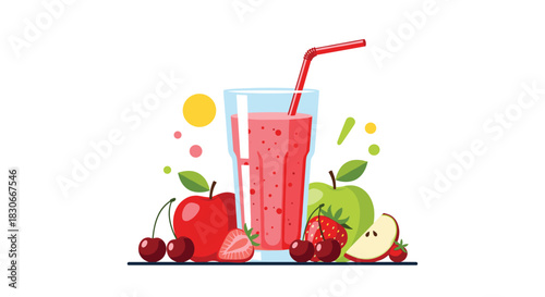 Healthy fruit smoothie in a tall glass with a straw surrounded by fresh apples cherries and strawberries illustration.