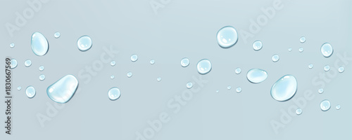 Blue transparent water drops on light background with realistic glass condensation and flowing rain texture.
