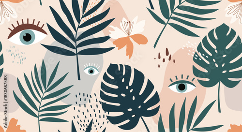 Modern abstract seamless pattern with human eyes tropical leaves and organic shapes in a contemporary artistic style.
