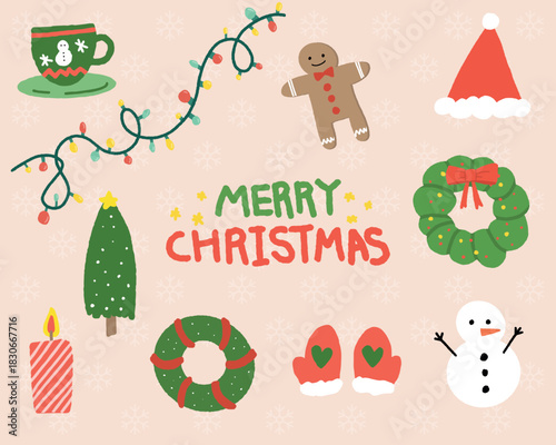 Cute Christmas Illustration with Lights and Holiday Icons