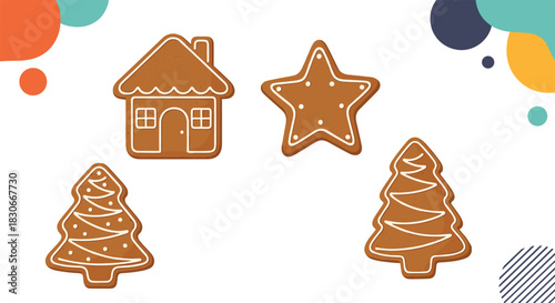 Set of four festive gingerbread cookies shaped like a house star and christmas trees on a decorative background design.