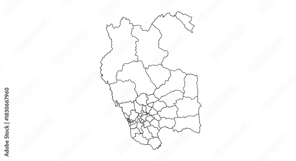 Obraz premium Detailed black and white outline map depicting the administrative divisions of an unspecified country or region on a clean white background.