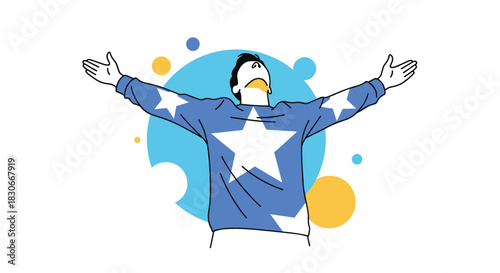 A man in a blue shirt with white stars, arms outstretched and looking up, celebrating with abstract blue and yellow circles in the background.