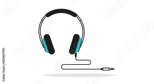 Simple flat design illustration of modern headphones with a cord and jack plug isolated on a clean white background.