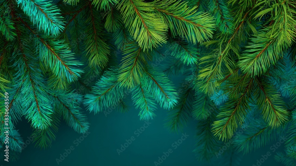 Obraz premium Festive green Christmas background with lush spruce branches, holiday pine foliage, and seasonal winter decoration for greeting cards, banners, and festive designs