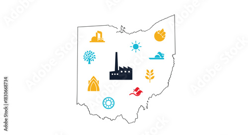 An illustrative map of Ohio showcasing its diverse economy, rich natural resources, and cultural heritage with key industrial and agricultural symbols.