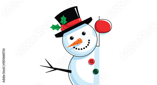 A cheerful cartoon snowman wearing a festive top hat decorated with holly, peeks from the right, holding a red Christmas ornament.