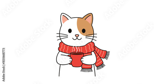 A cute cartoon cat wearing a red striped scarf holds a steaming mug of hot beverage, embodying coziness and warmth.