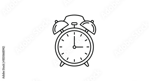 Minimalist outline icon of a classic alarm clock with twin bells and hands, symbolizing time, wake-up, and punctuality.