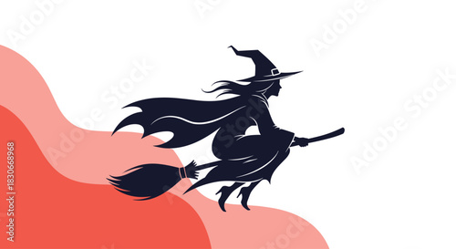 Silhouette of a witch flying on a broomstick against a white background with abstract red and pink wavy shapes.
