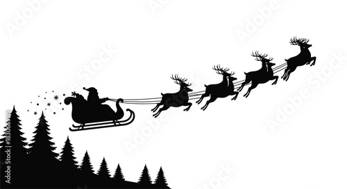 A silhouette illustration of Santa Claus in his sleigh, pulled by his team of flying reindeer, soaring over a festive winter forest scene.