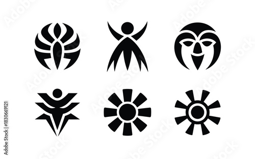 Set of six abstract tribal and mask like black graphic symbols
