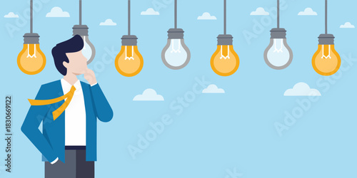 Businessman thinking with light bulbs representing ideas and innovation