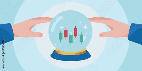 Financial forecast hands on a crystal ball with candlestick chart inside
