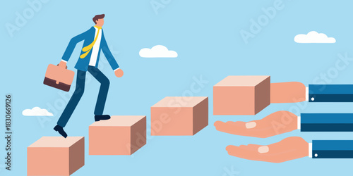 Businessman climbing steps with helping hands for support and guidance