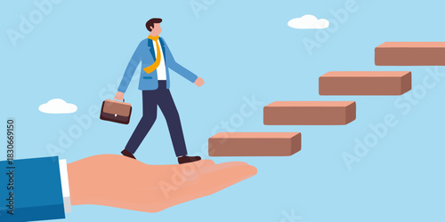 Businessman climbing steps with assistance and support for career growth and success