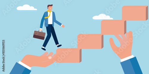 Business growth and support man climbing steps built by helping hands