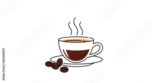 A graphic illustration depicts a steaming hot cup of coffee, complete with a saucer and roasted coffee beans, set against a pristine white background.