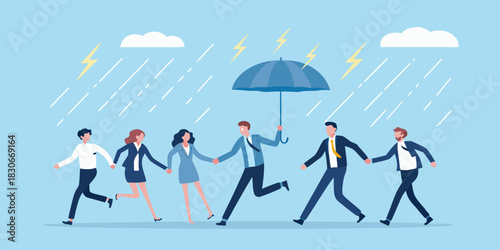 Business team running in the rain under umbrella for protection