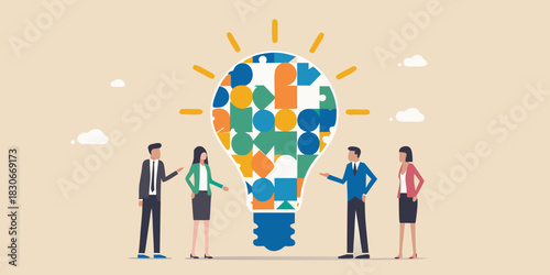 Business team brainstorming ideas with colorful light bulb concept