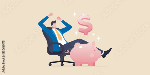 Successful businessman relaxing with a piggy bank and dollar sign