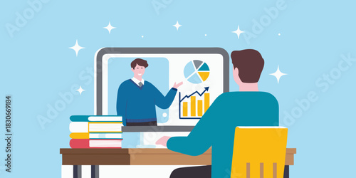 Online business meeting and presentation with chart and graph on computer