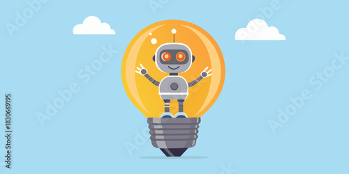 Cartoon robot standing inside a light bulb with clouds background