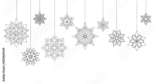 Decorative black and white line art of various hanging snowflakes and star-shaped ornaments, suitable for winter holiday backgrounds or designs.