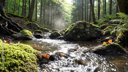 Clear forest stream flowing over moss covered rocks in sunlight