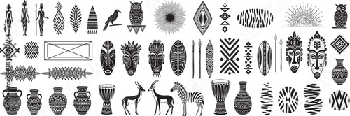 Collection of black and white tribal African art symbols, masks, animals, and decorative elements isolated on transparent background