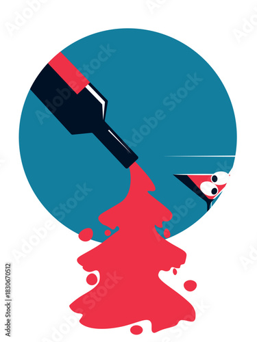 Bar poster, clothing print, illustration of a New Year's party, Merry Christmas, drinks, martini. Bottle of alcohol, glass, olives, Christmas tree, restaurant banner, wine tasting, drinks